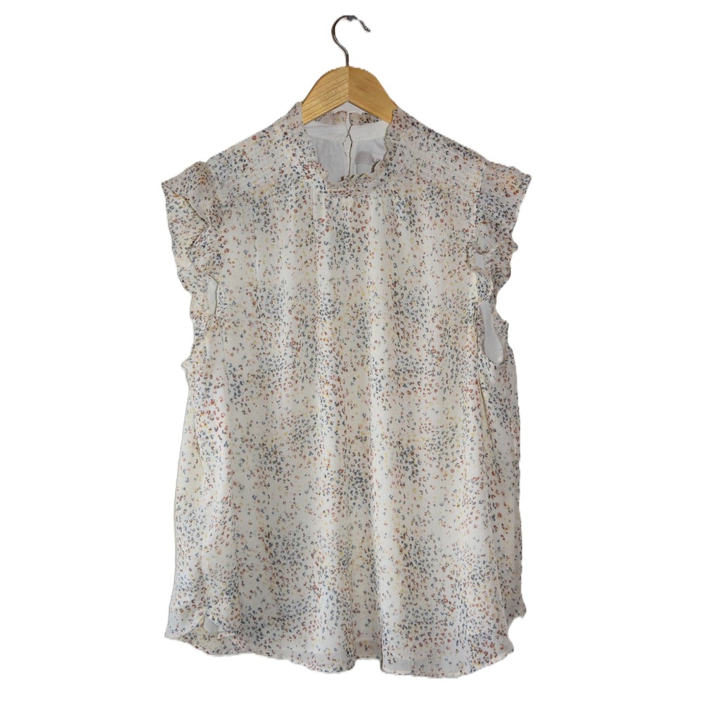Loft Blouse Women XL White Multi Excellent Ruffle Mock Neck Sleeveless Speckle